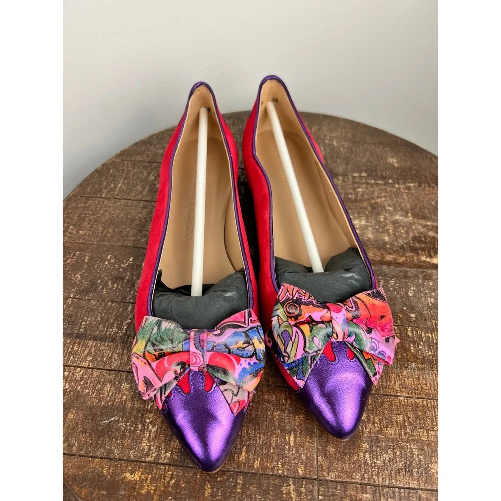 Dream Walkers Women Pink Purple Metallic Bow‎ Pointed Toe Flats Size 38